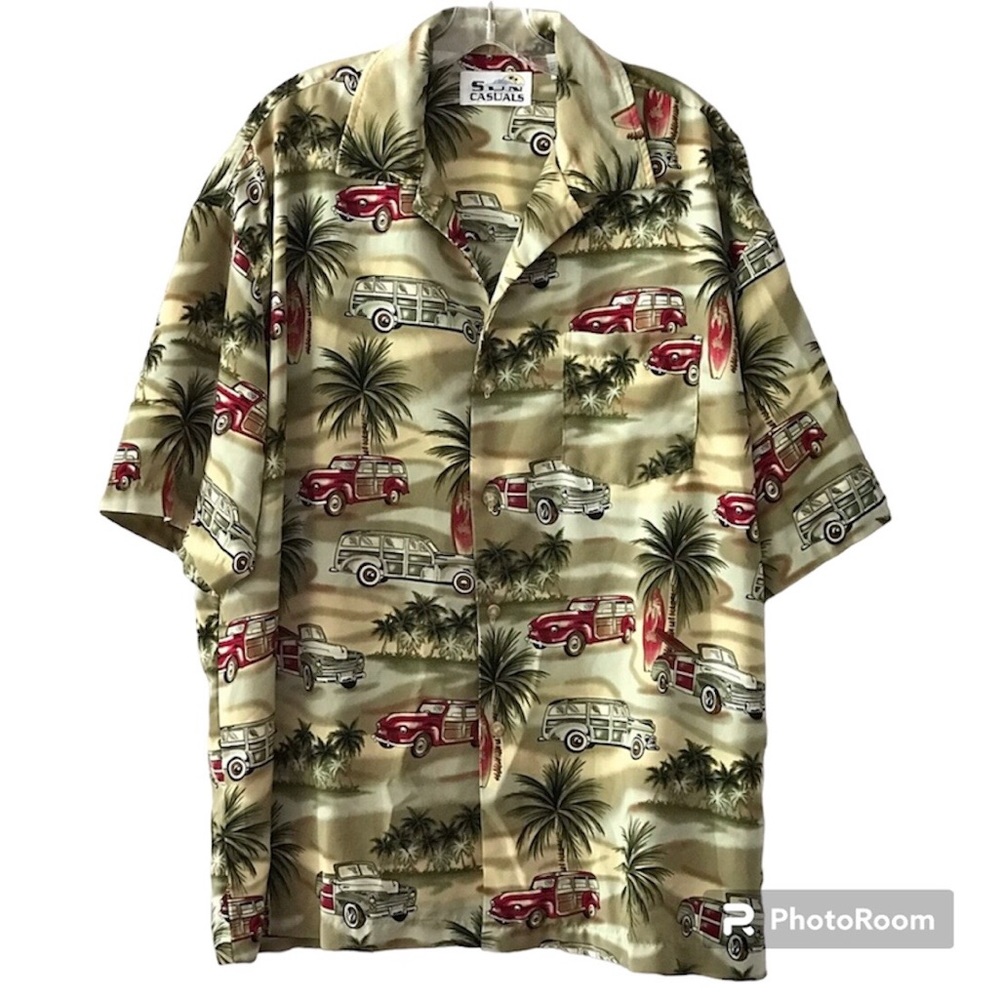 Sun Casuals Hawaiian Shirt Retro Woody Cars Button Up XL